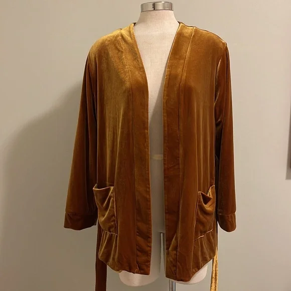 Nordstrom Ochre Velvet Cardigan with Belt & Pockets size L - Picture 2 of 11